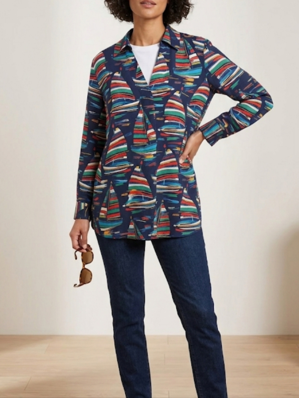 Soft Surroundings Blouse Size S Sailing Boats Design Long Sleeve Hidden Button V
